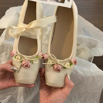Xajzpa Women Flats Bow Marie Janes Shoes Elegant Wedding Shoes Lolita Dress Square Toe Shoes Designer Walking Shoes Female Zapatos